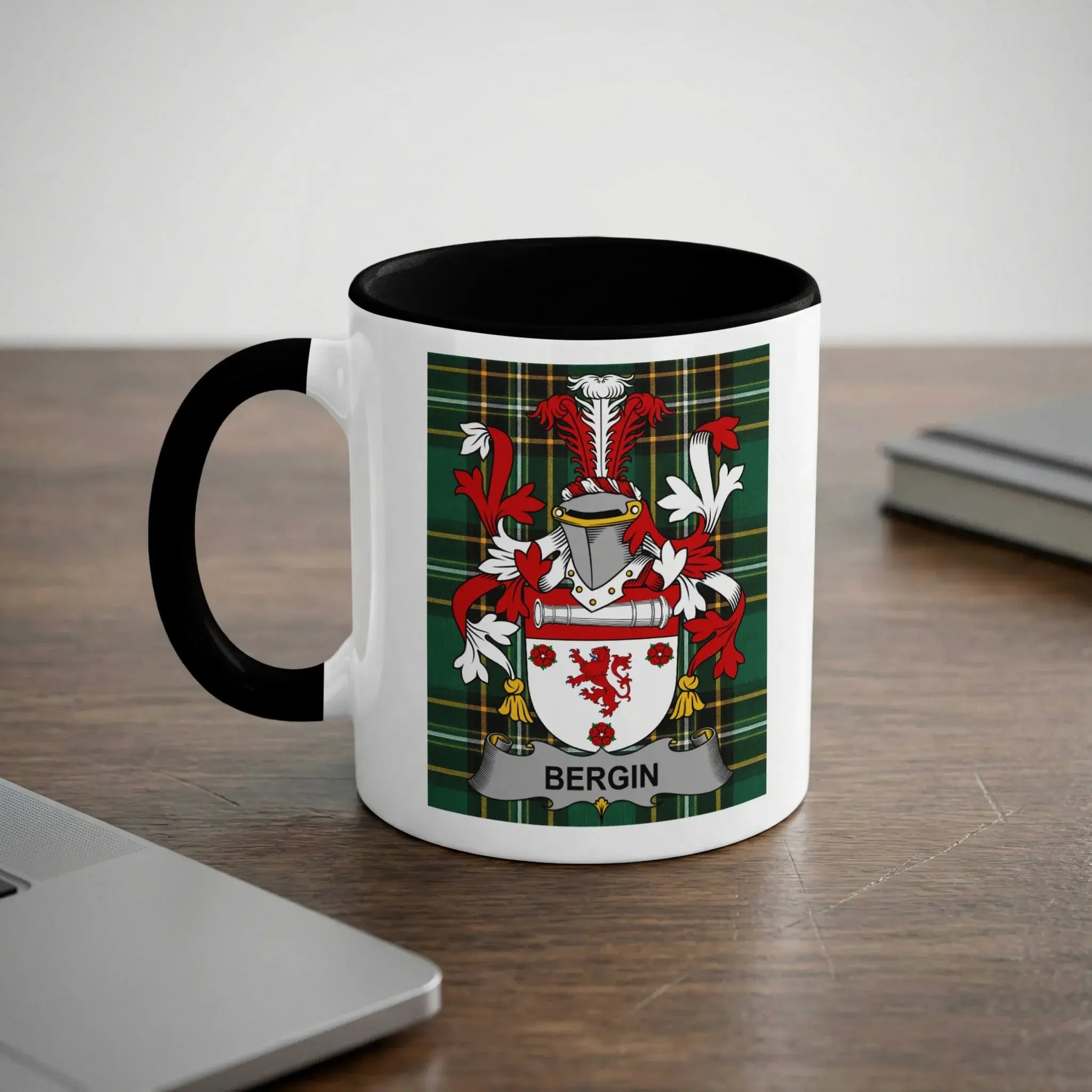 White mug with black rim displaying a coat of arms and "BERGIN" text.