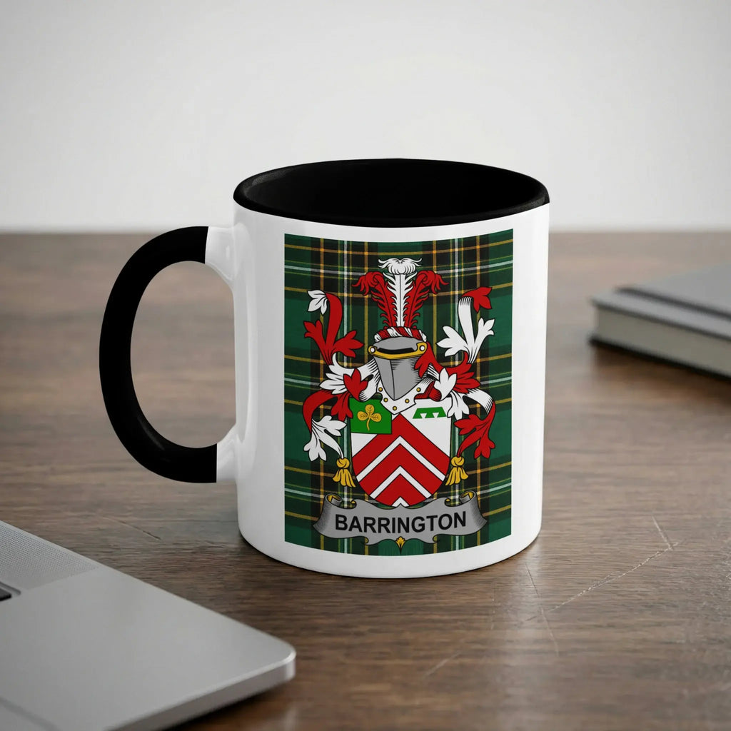 White mug with black handle featuring the Barrington family crest.