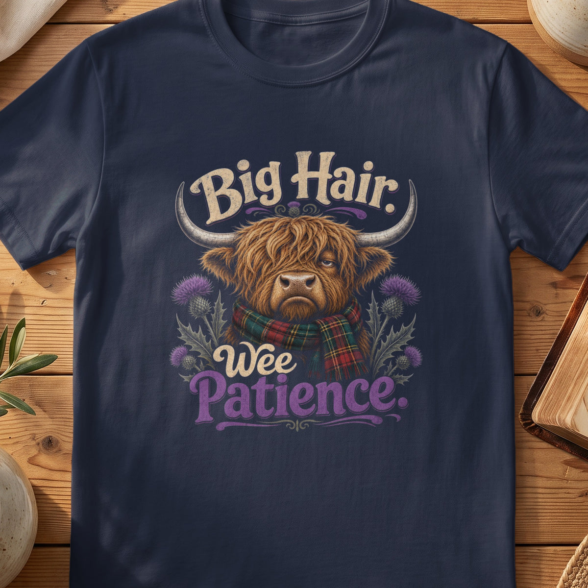 Navy Gildan 64000 unisex T-shirt flatlay with Big Hair Wee Patience Scottish graphic design