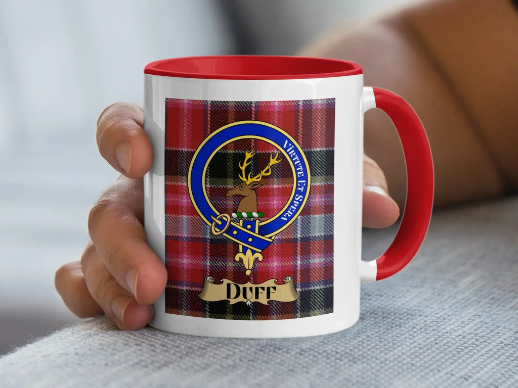 Duff tartan ceramic mug — back view showing full crest print, black handle