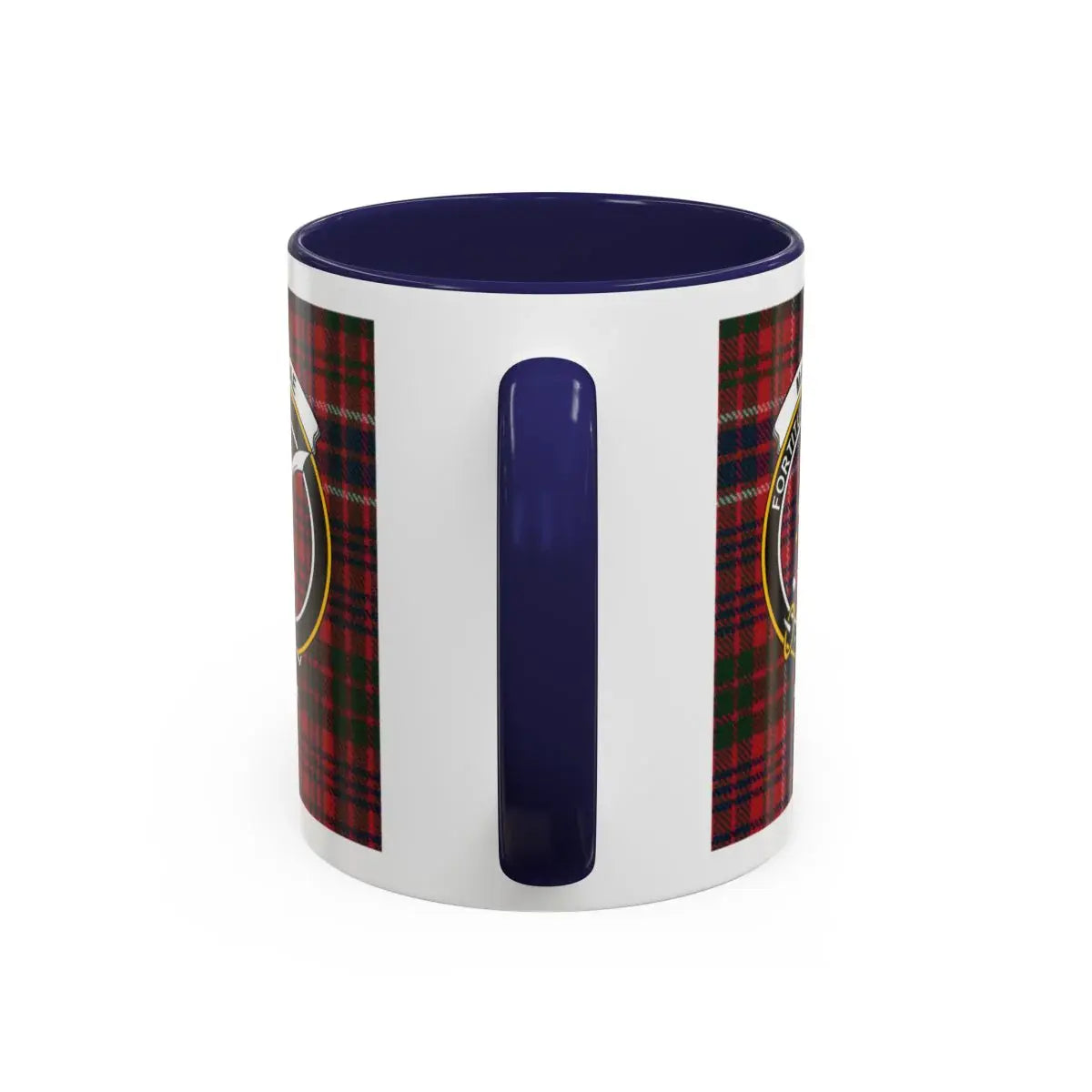 MacRae tartan accent mug with navy interior — 15oz ceramic Scottish clan drinkware