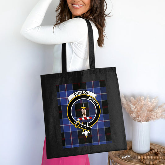 Dunlop clan scottish tartan crest design Tote Bag - Living Stone Gifts