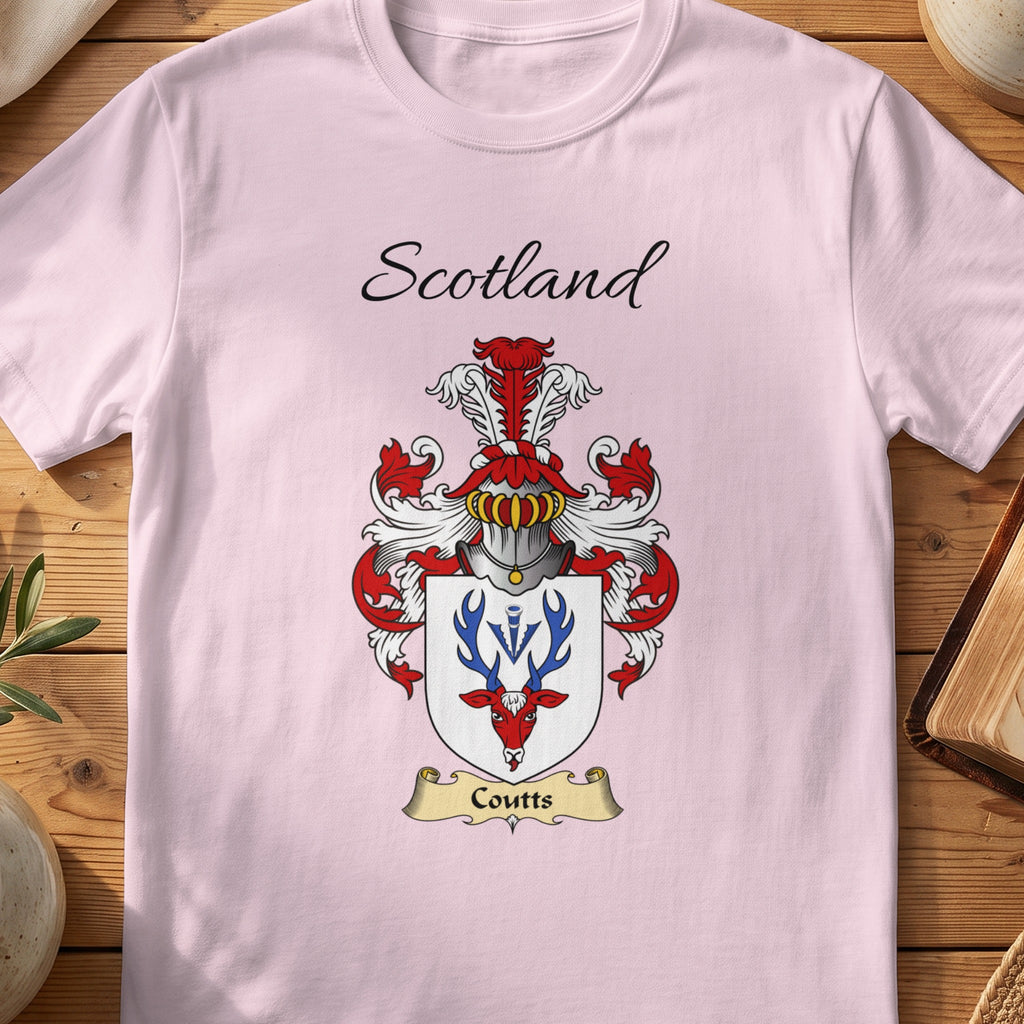 Light Pink Coutts Scottish family shield T-shirt featuring a red stag head with blue antlers