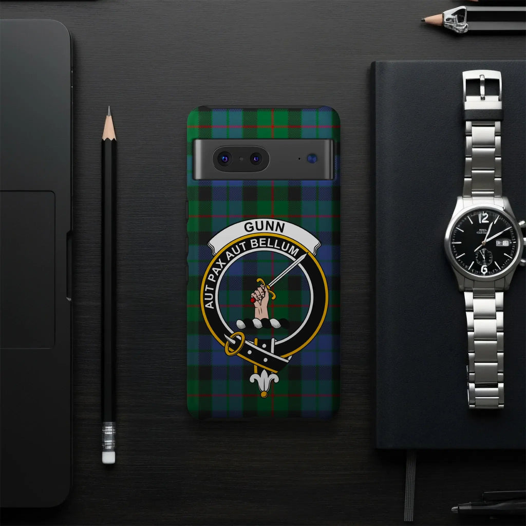 Gunn Aut Pax Aut Bellum sword crest phone case flat lay — full tartan design visible