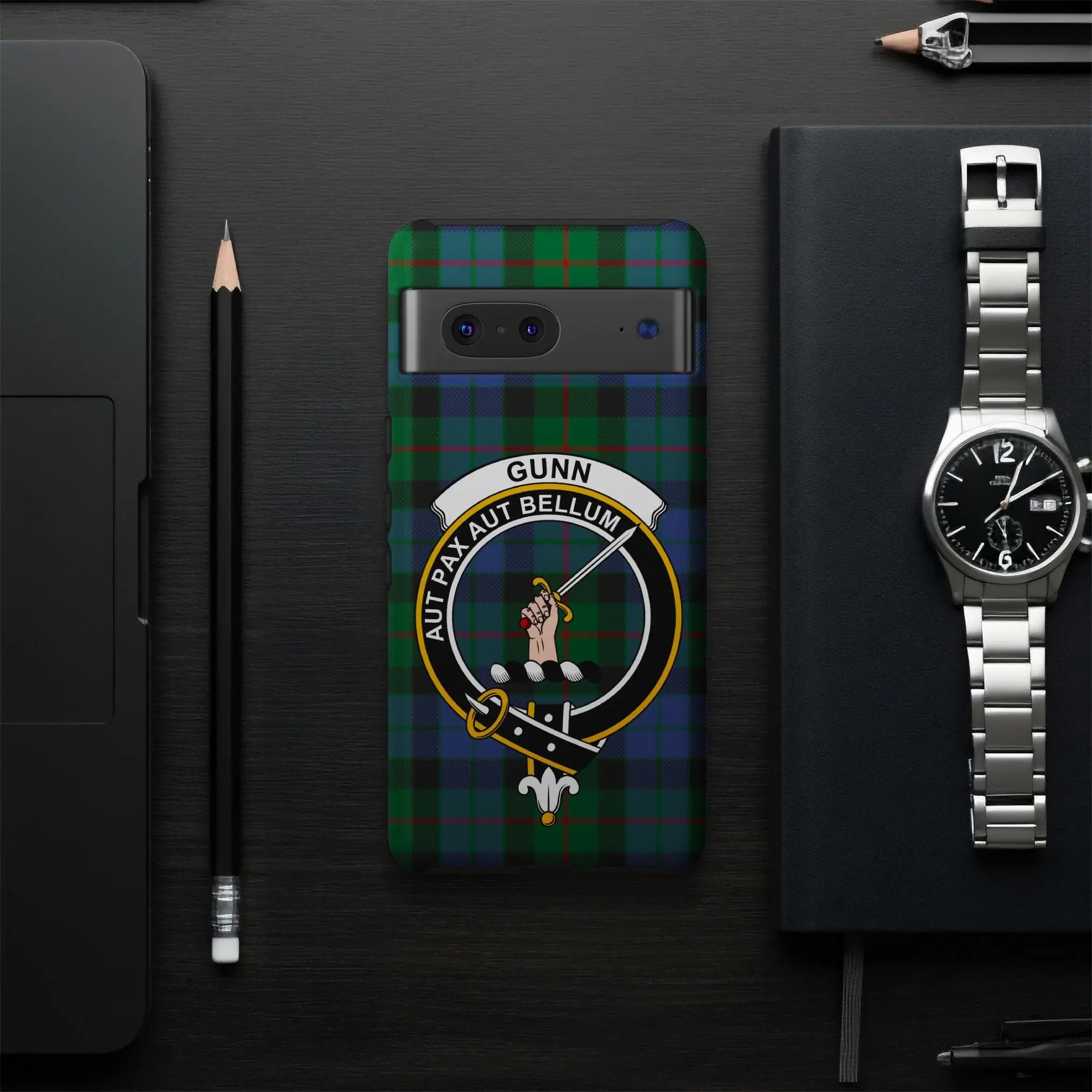 Gunn Aut Pax Aut Bellum sword crest phone case flat lay — full tartan design visible