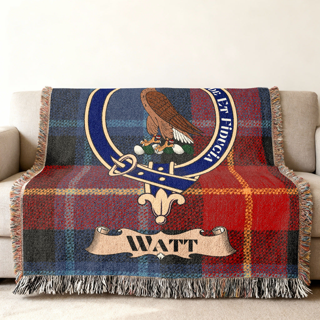 Watt clan tartan woven blanket with crest and motto — 100% cotton