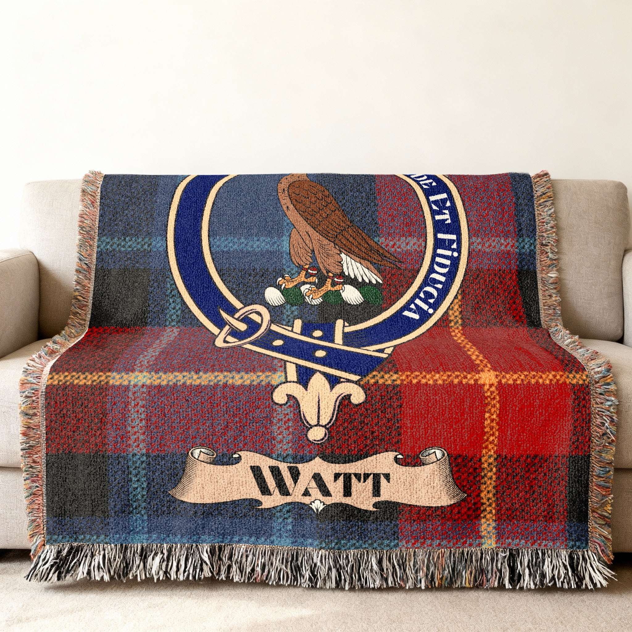 Watt clan tartan woven blanket with crest and motto — 100% cotton