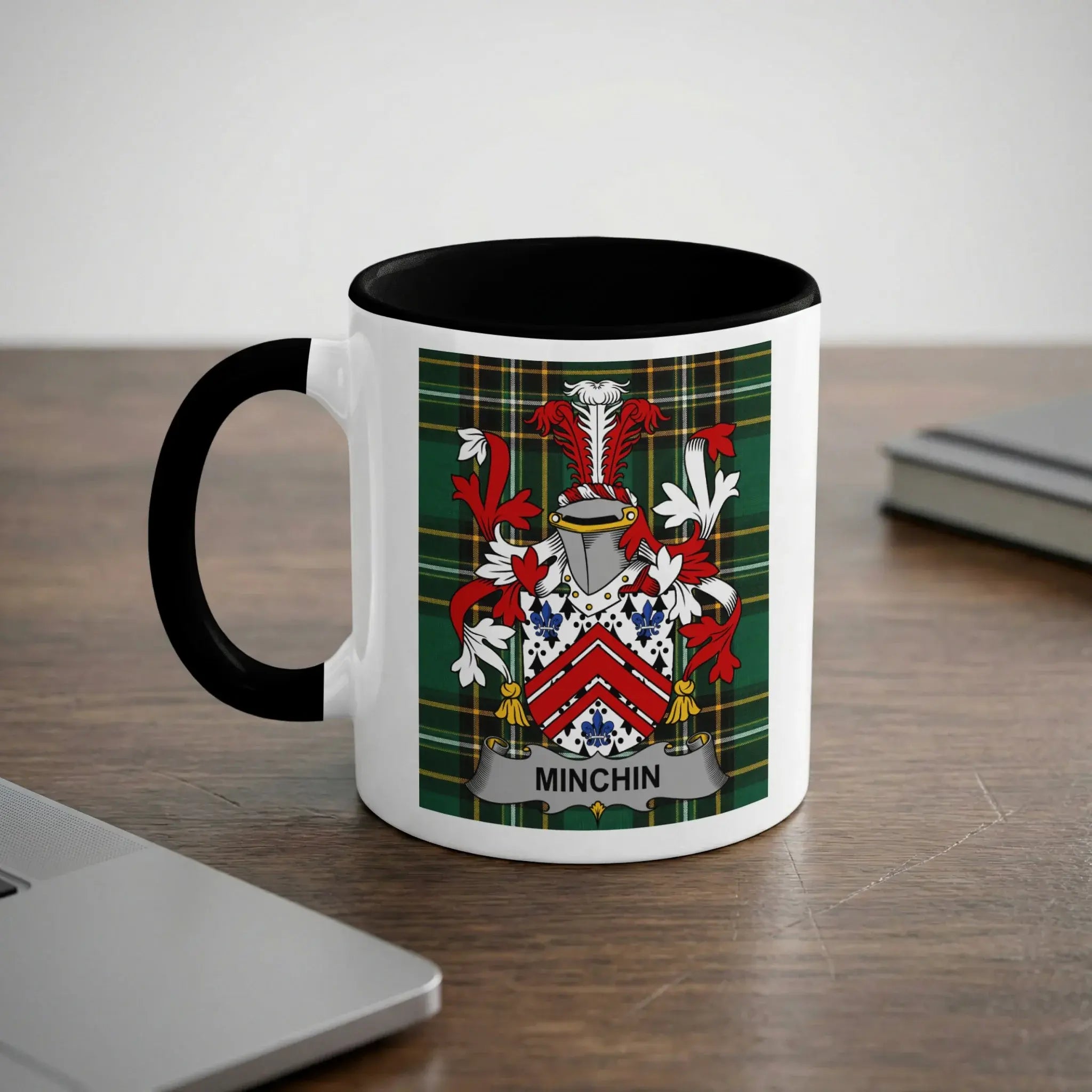 Minchin Irish heritage mug with black handle and family crest