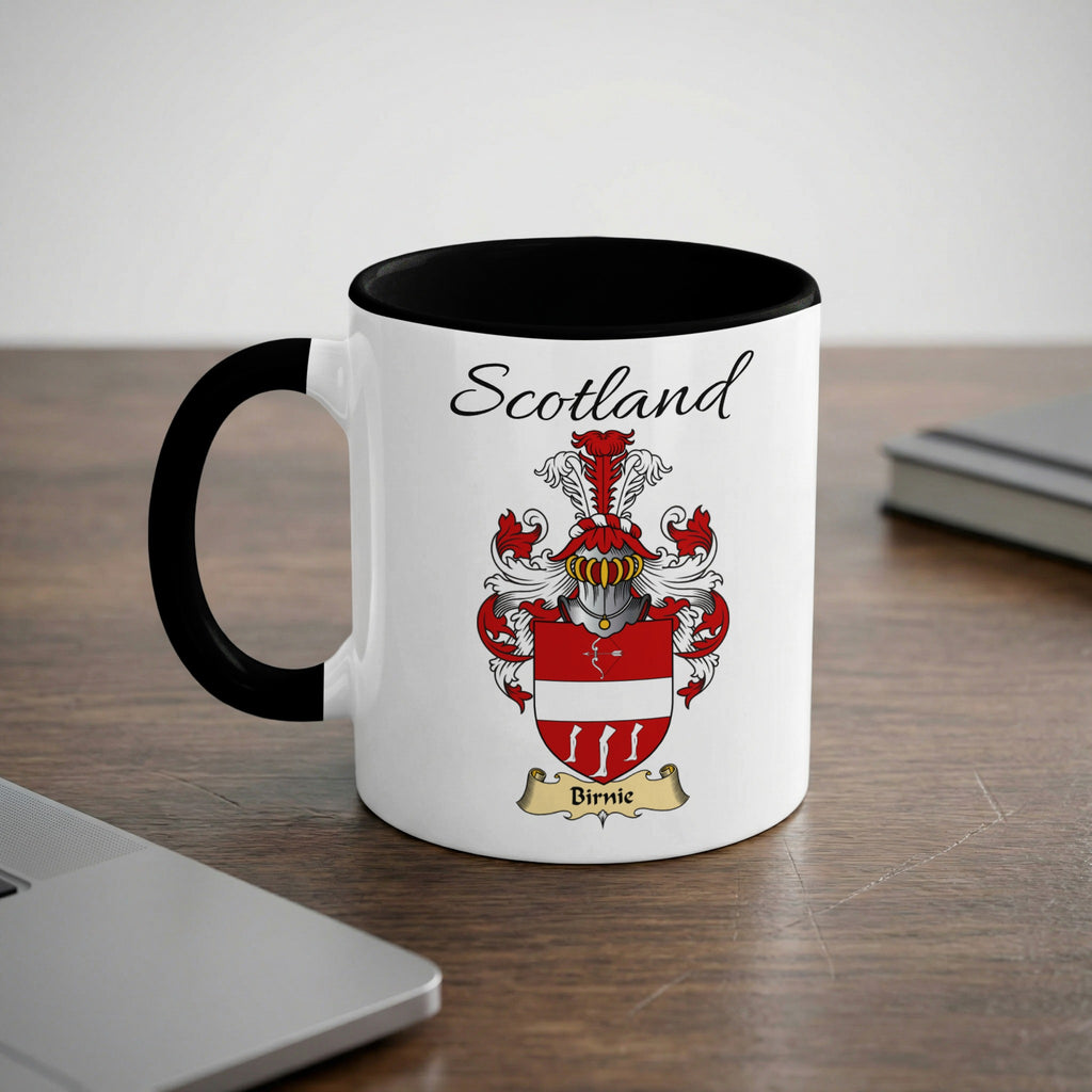 Birnie Scottish family crest accent mug with Scotland lettering and coat of arms artwork