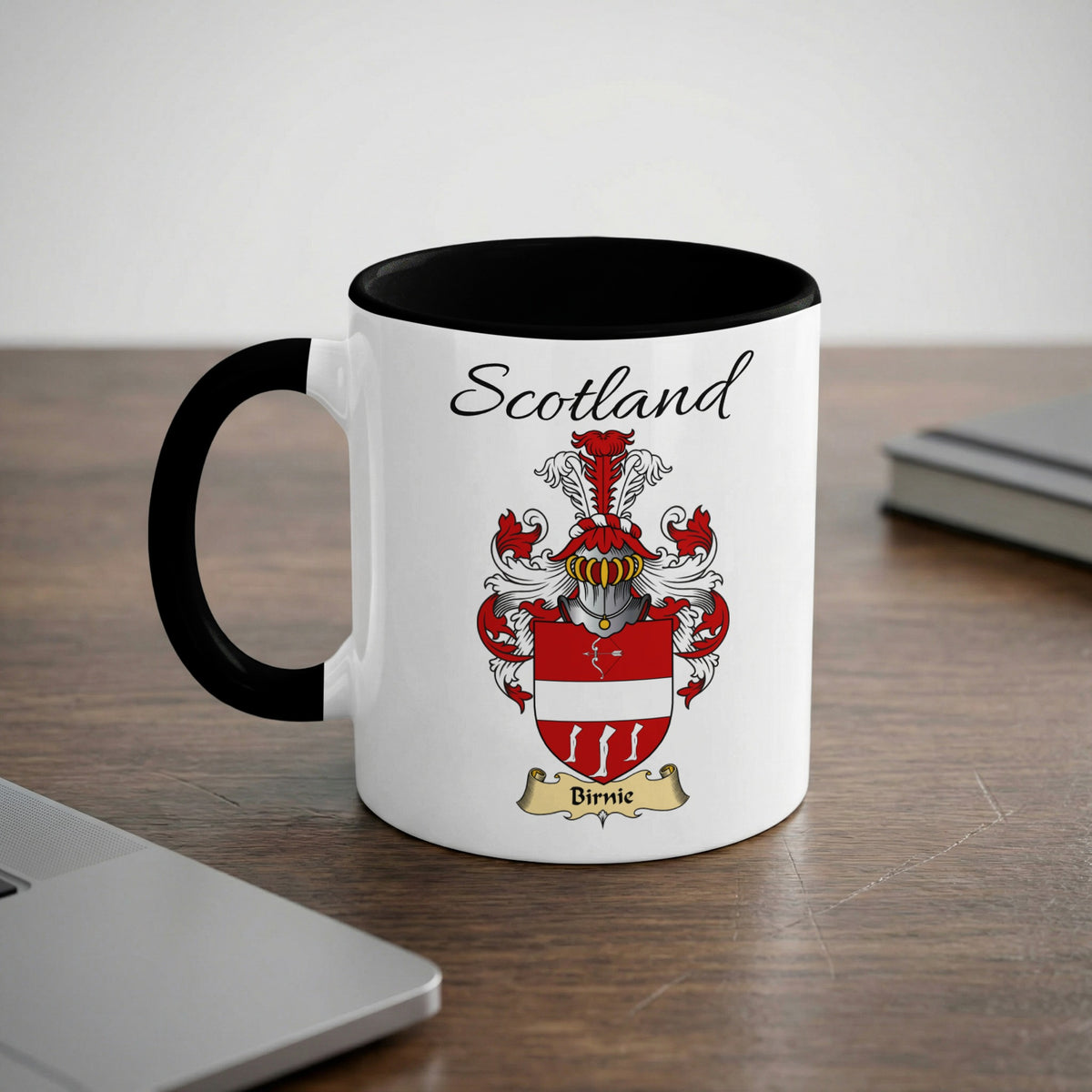 Birnie Scottish family crest accent mug with Scotland lettering and coat of arms artwork