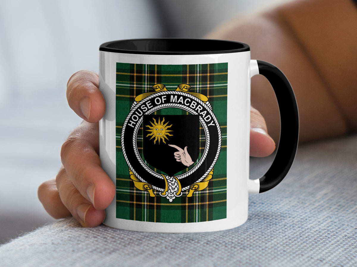 MacBrady Irish National Tartan mug with family crest emblem
