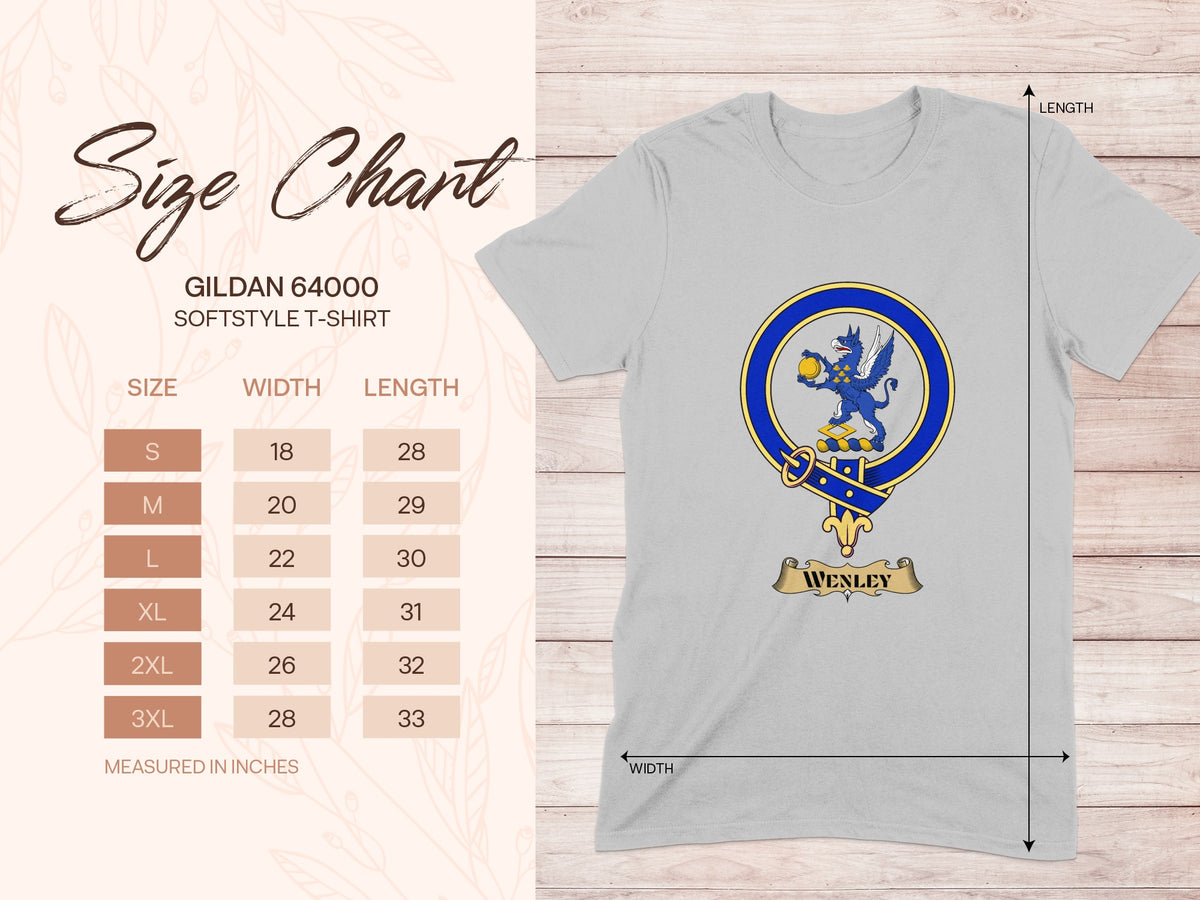 Gildan 64000 size chart for Wenley Scottish clan crest T-shirt