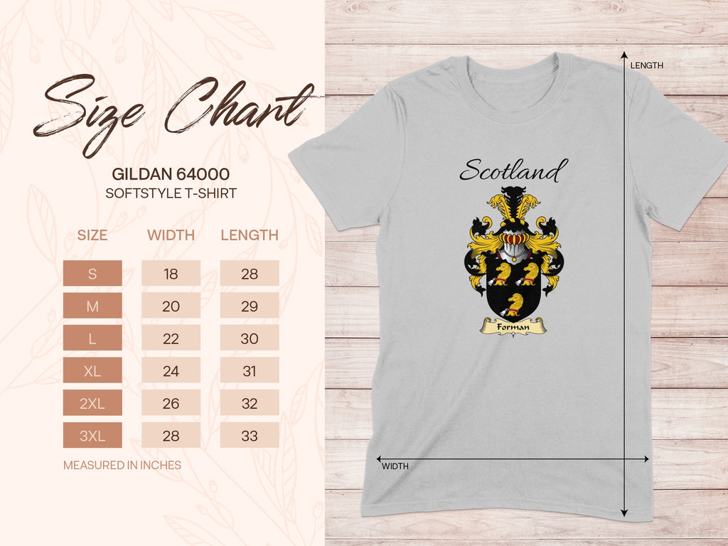 Gildan 64000 size chart for the Forman unisex T-shirt, sizes S to 3XL