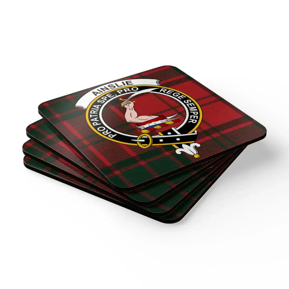 Ainslie Clan Crest Red Tartan Background Coasters product
