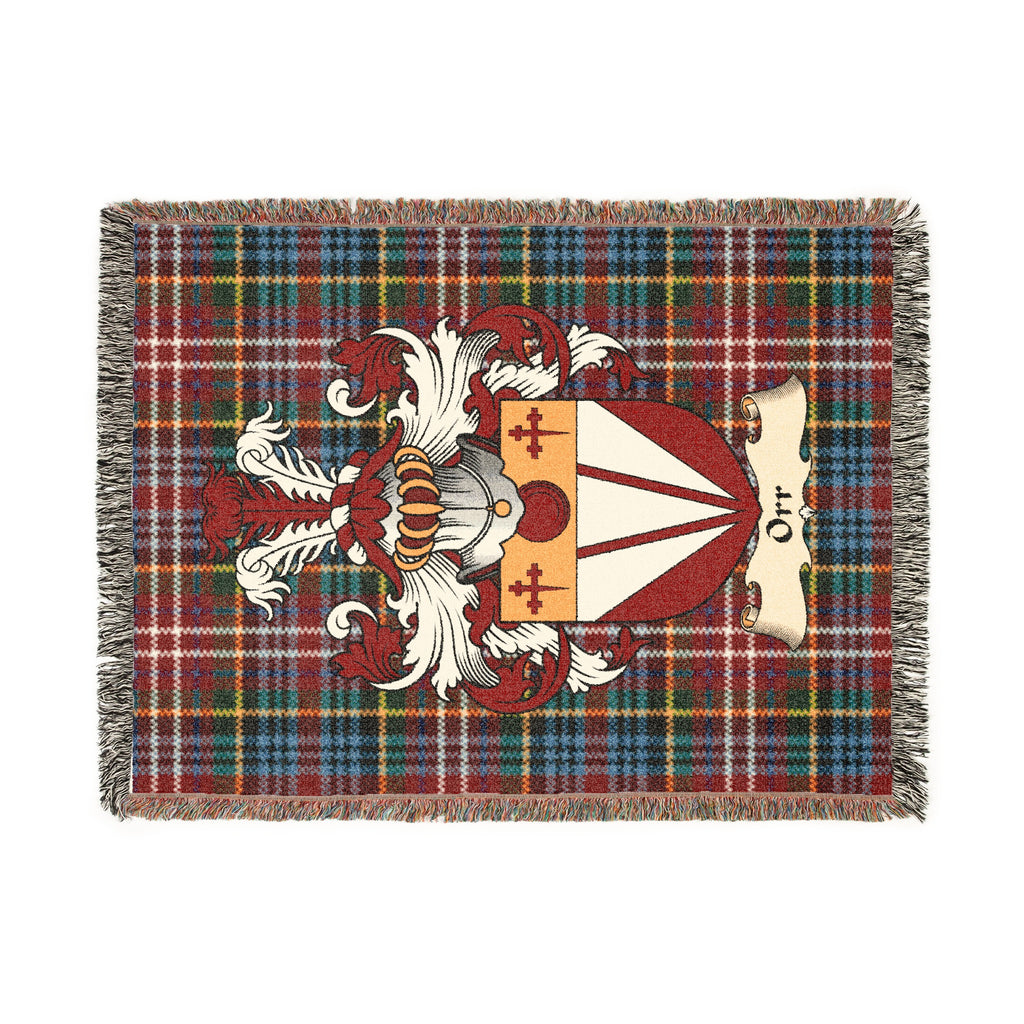 Orr Scottish woven blanket with family shield and Caledonia tartan background