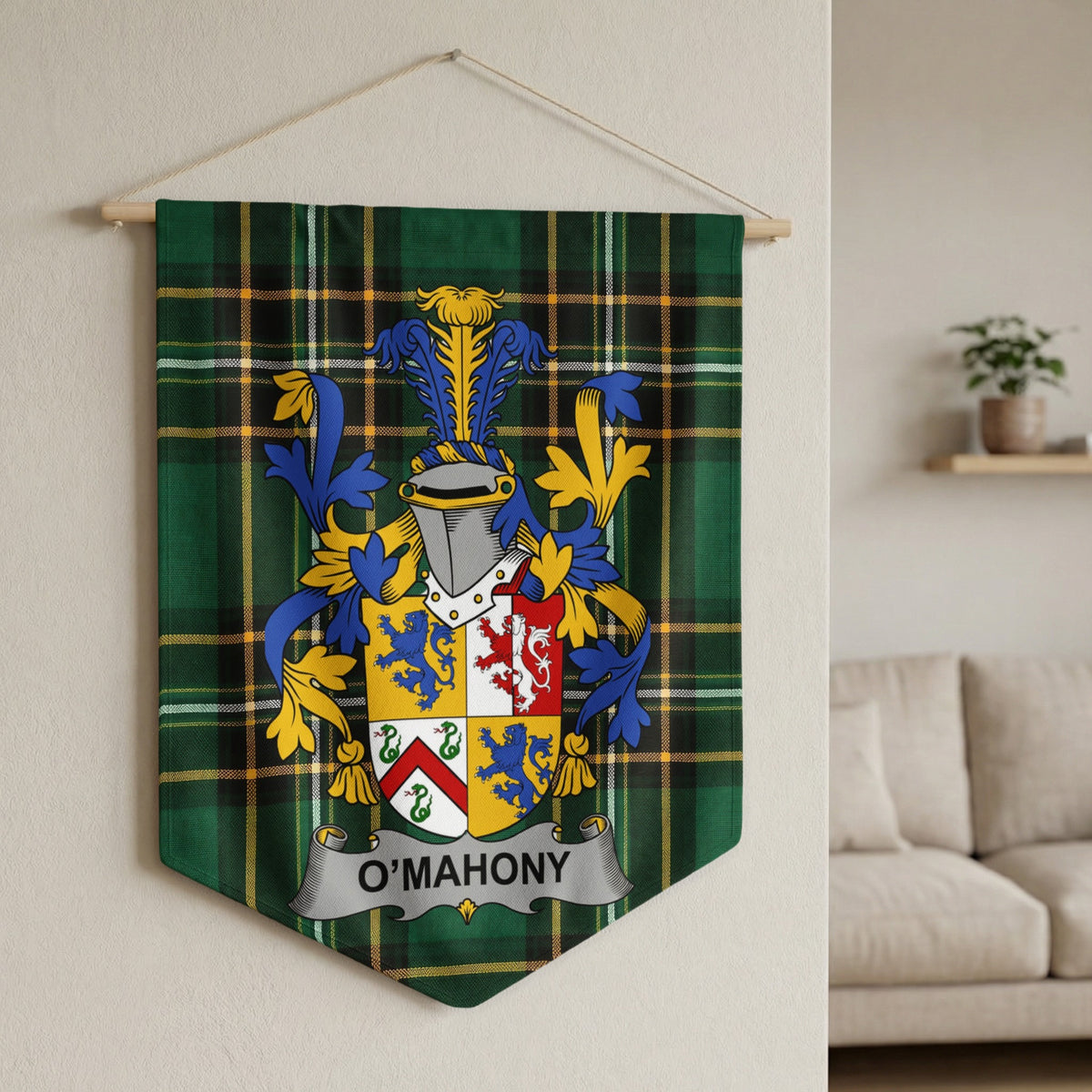 O'Mahony family crest on a green tartan fabric banner hanging on a wall.