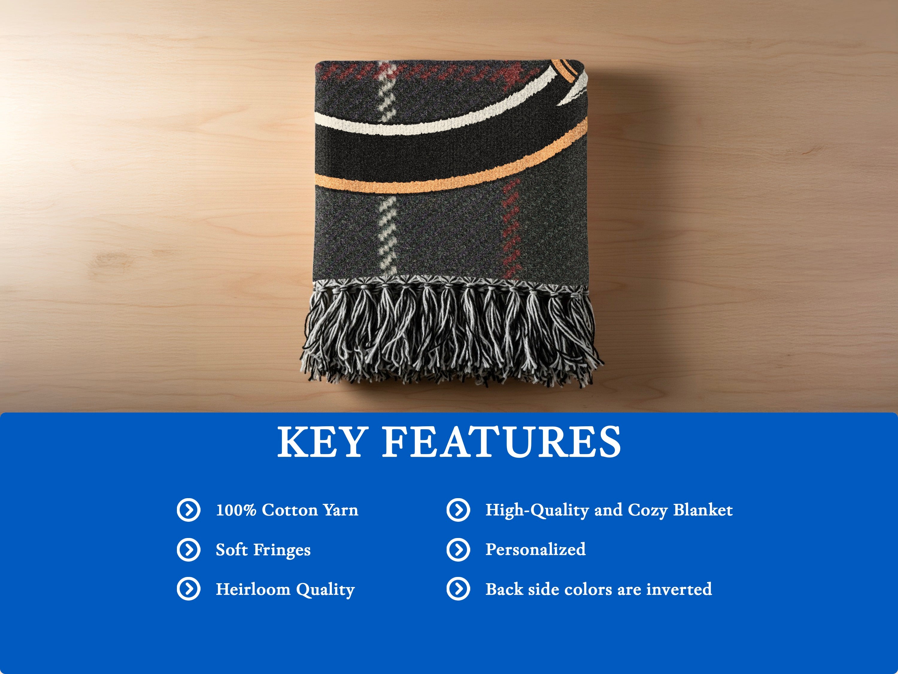 Hunter woven blanket detail — dark grey tartan with fringe edges