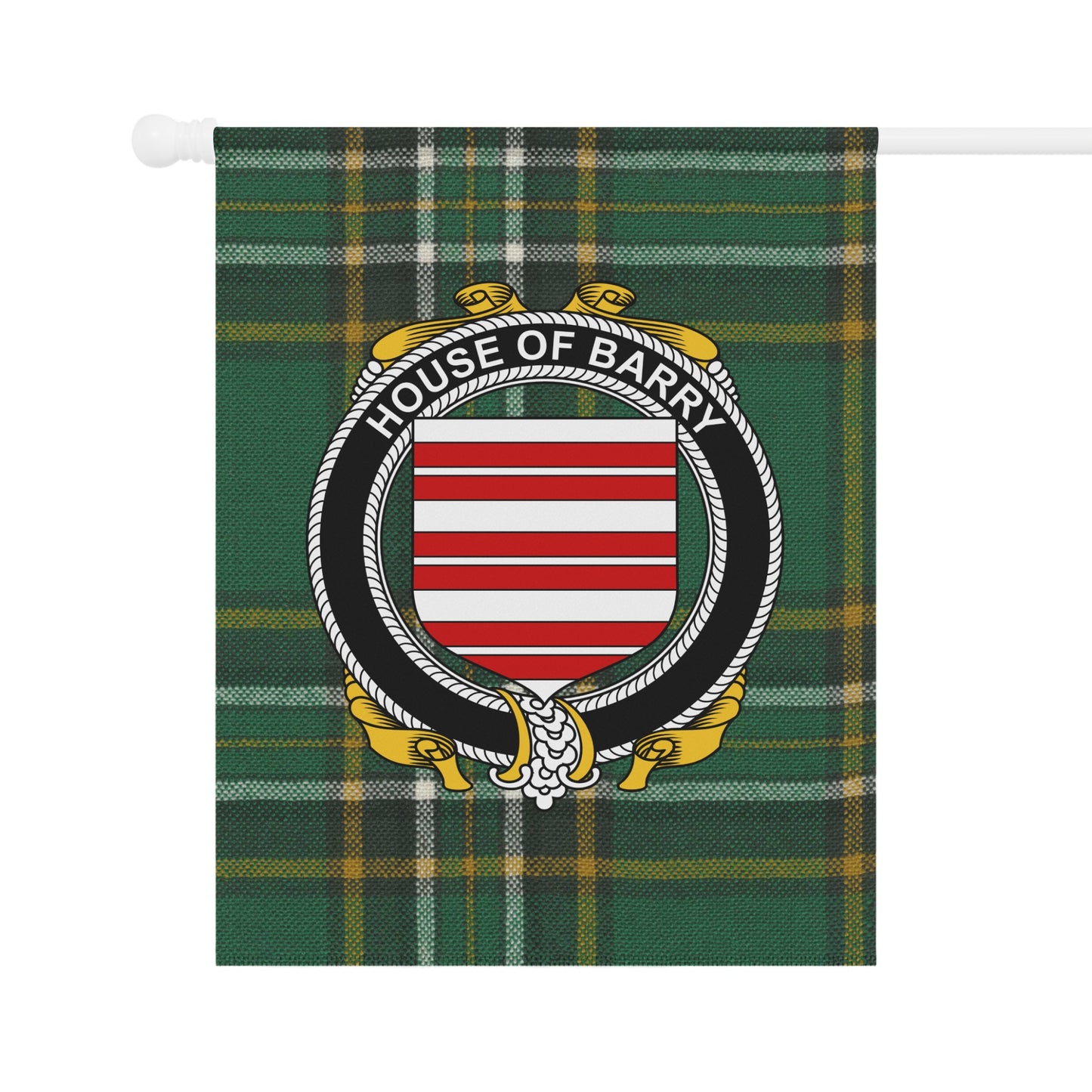 House of Barry Crest on Green Plaid Decorative Flag