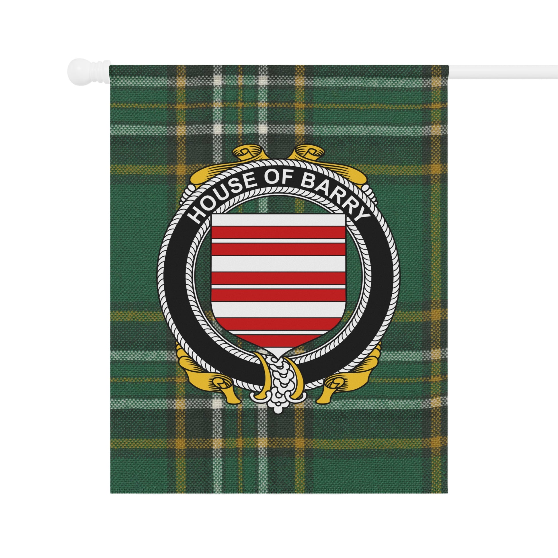 House of Barry Crest on Green Plaid Decorative Flag