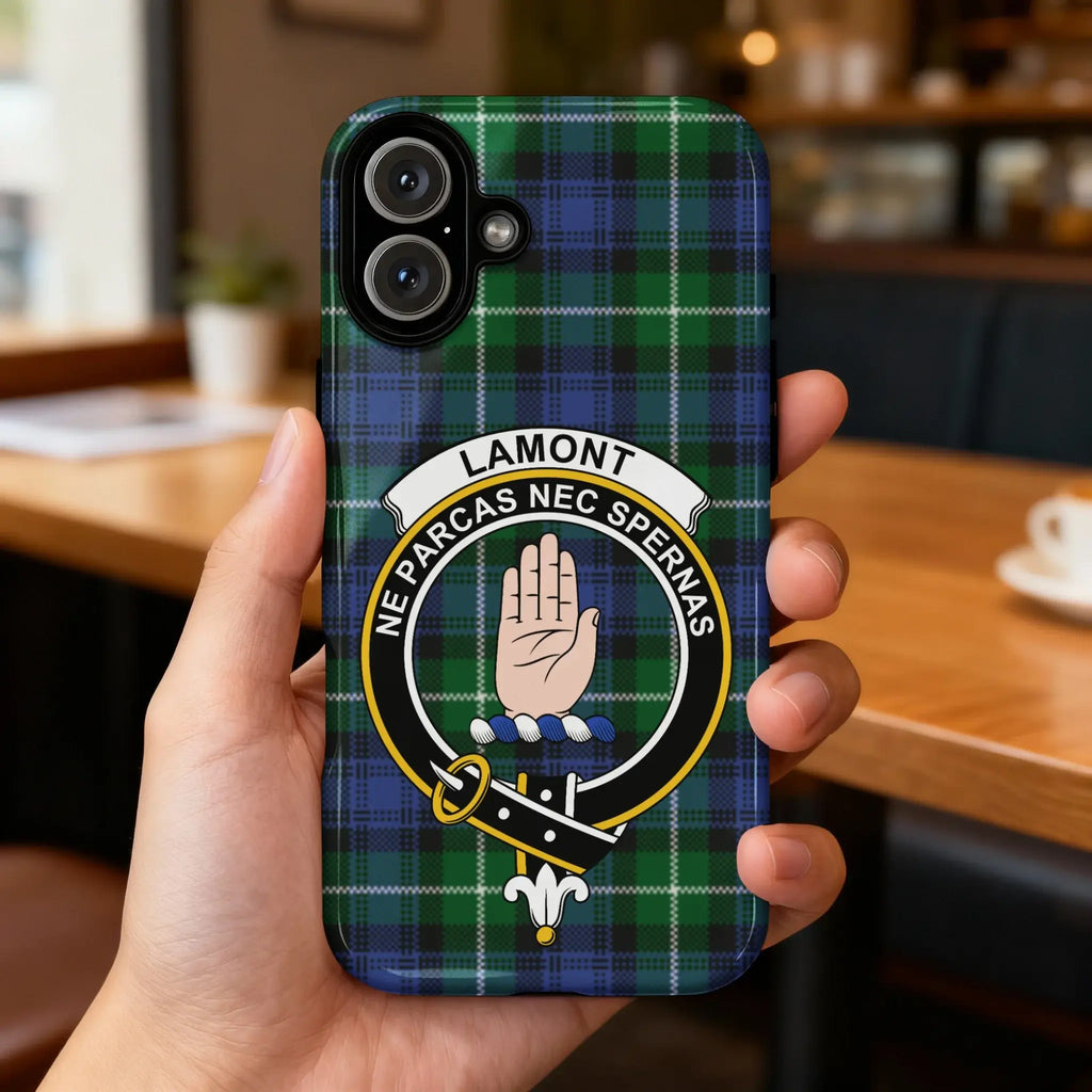 Lamont clan crest tartan phone case — edge-to-edge plaid design with Ne Parcas Nec Spernas motto