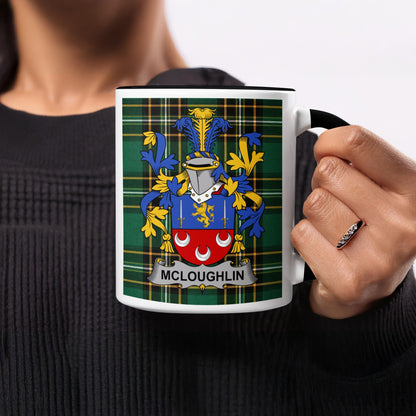 Mug featuring the McLoughlin coat of arms with a tartan background.