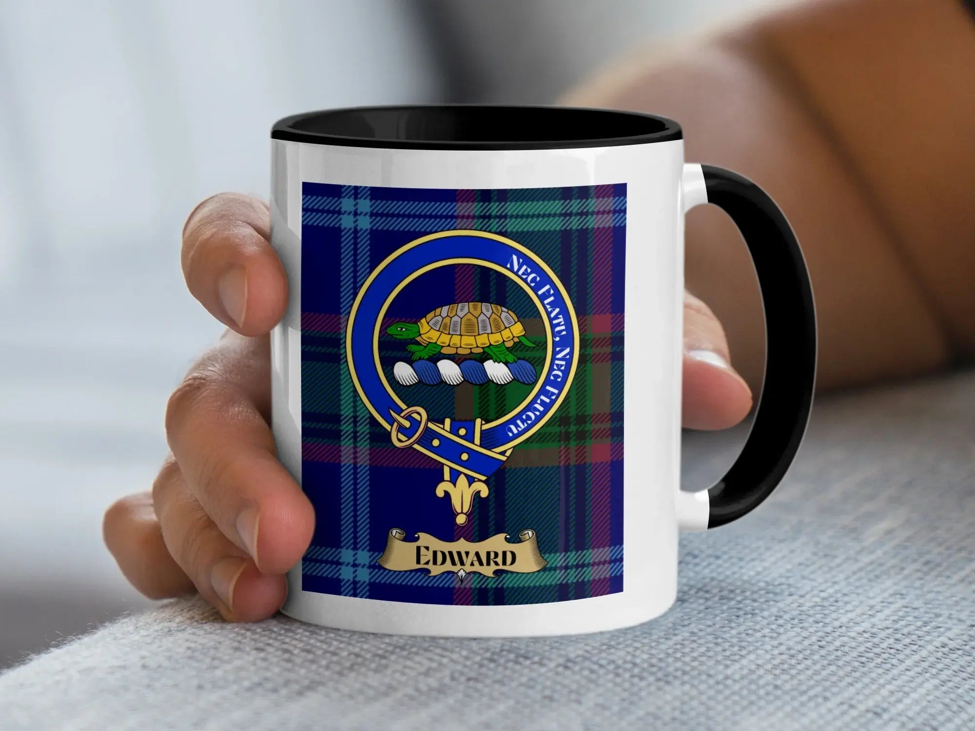 Edward tartan mug with a coloured accent handle and interior