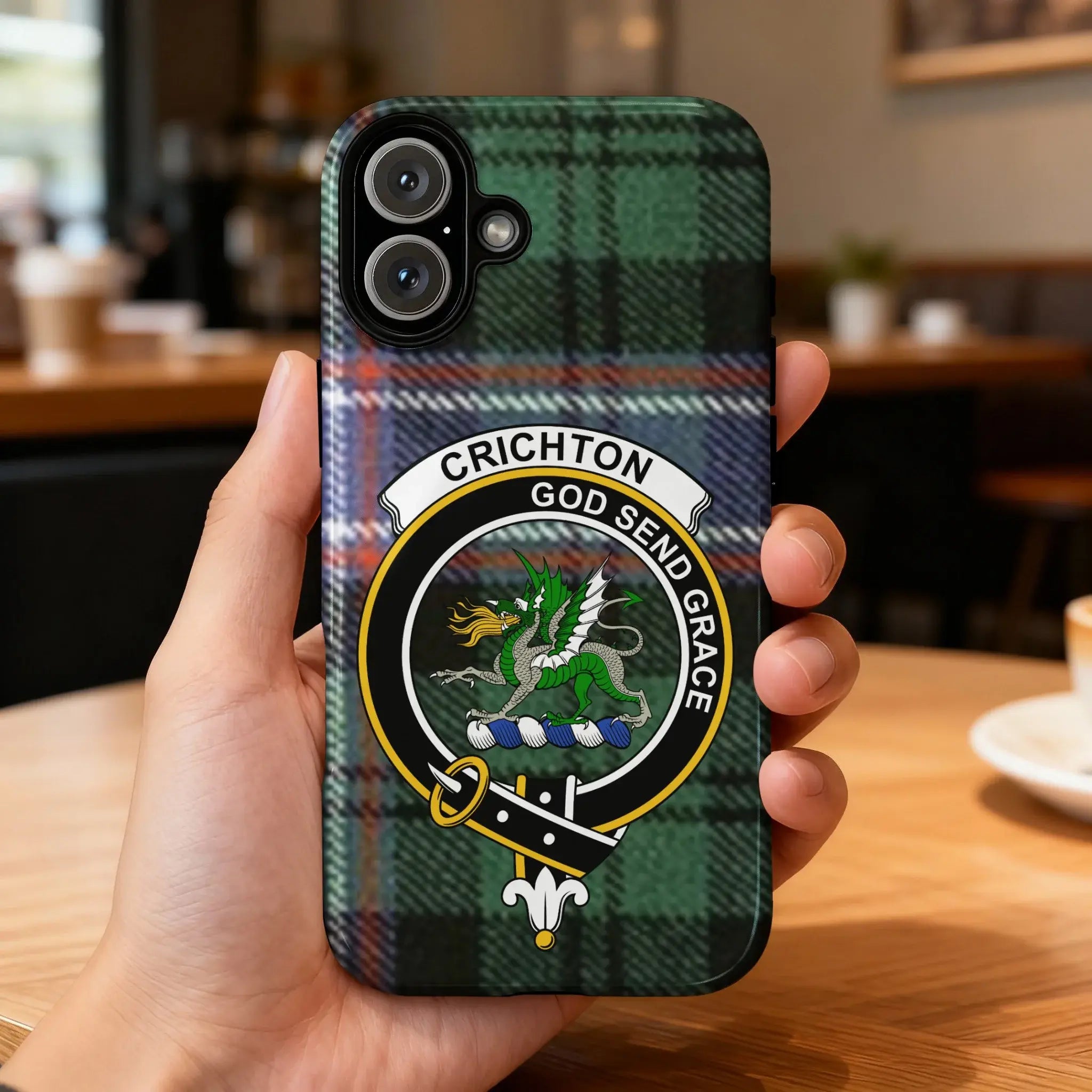 Clan Crichton tartan phone case — glossy 3D wrap print, dragon crest design, iPhone model