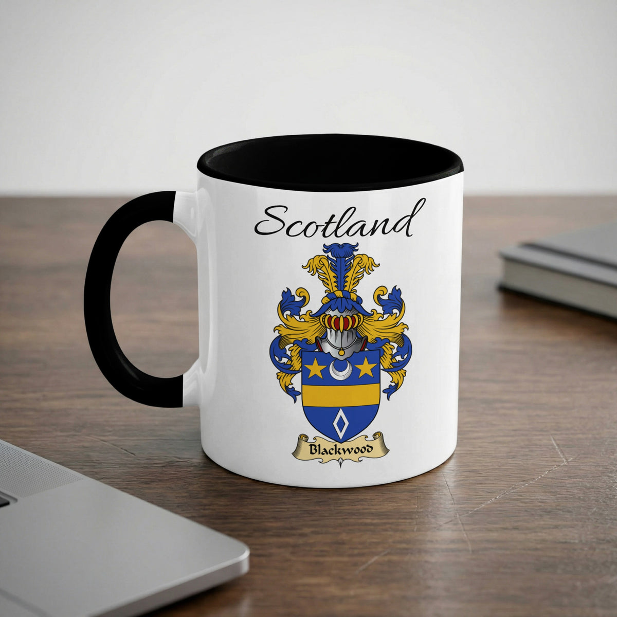 Blackwood Scottish family crest accent mug with Scotland lettering and coat of arms artwork