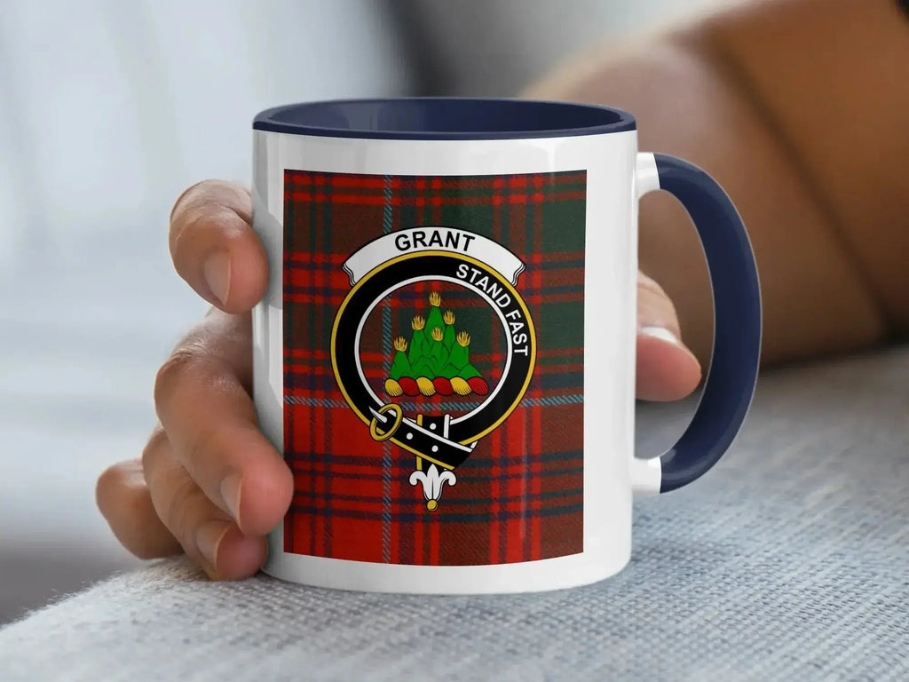 Grant clan tartan accent mug 11oz — glossy white ceramic, crest with Stand Fast motto, black handle
