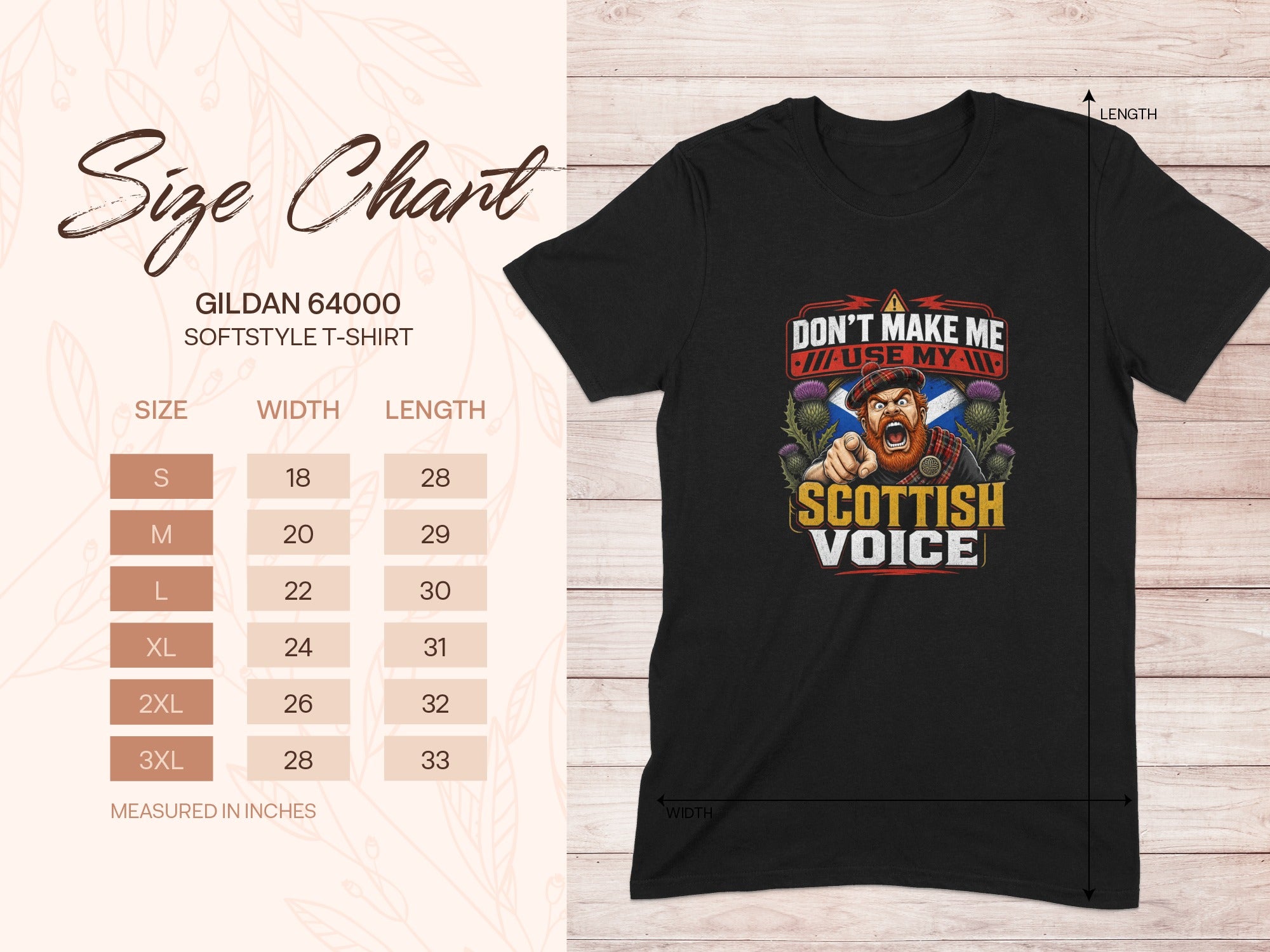 Size chart for Gildan 64000 softstyle t-shirt with Scottish graphic.