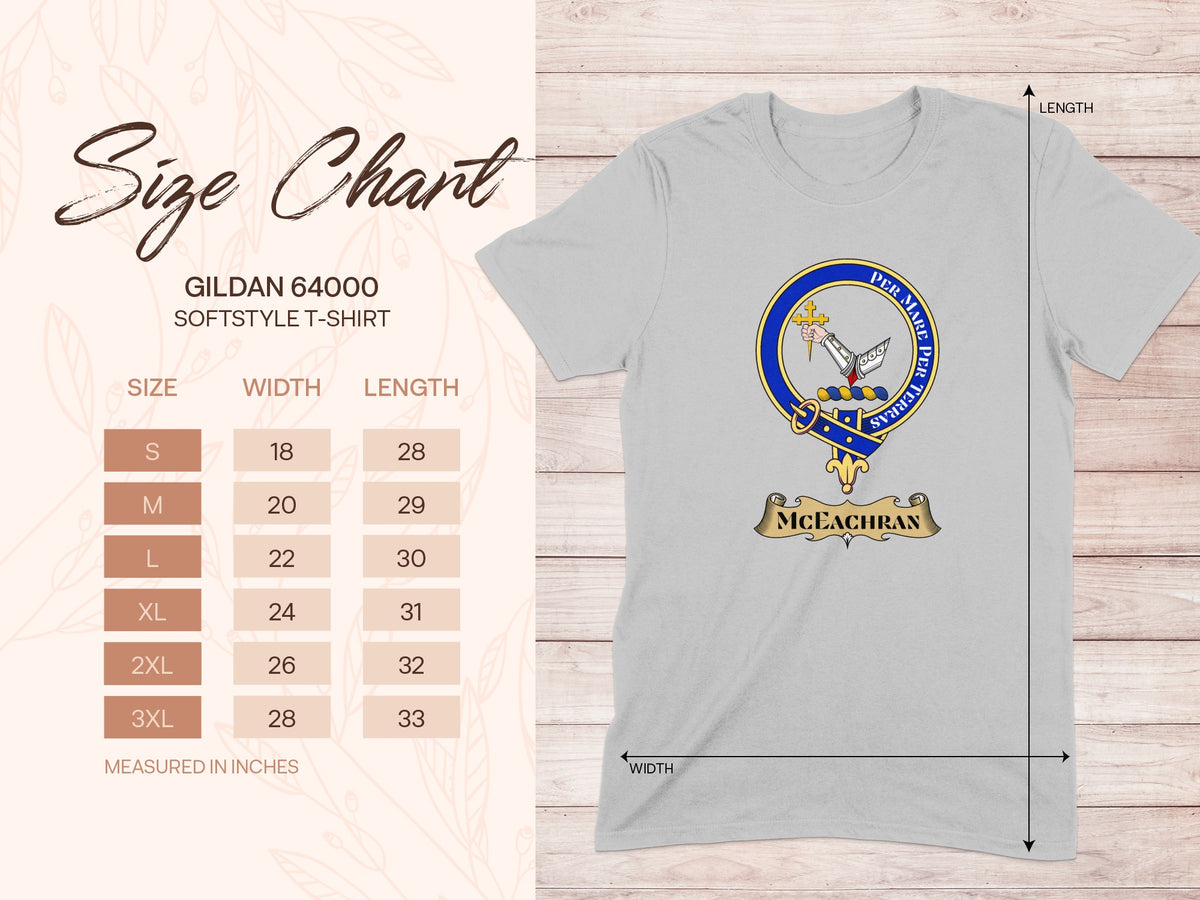 Gildan 64000 size chart for McEachran Scottish clan crest T-shirt