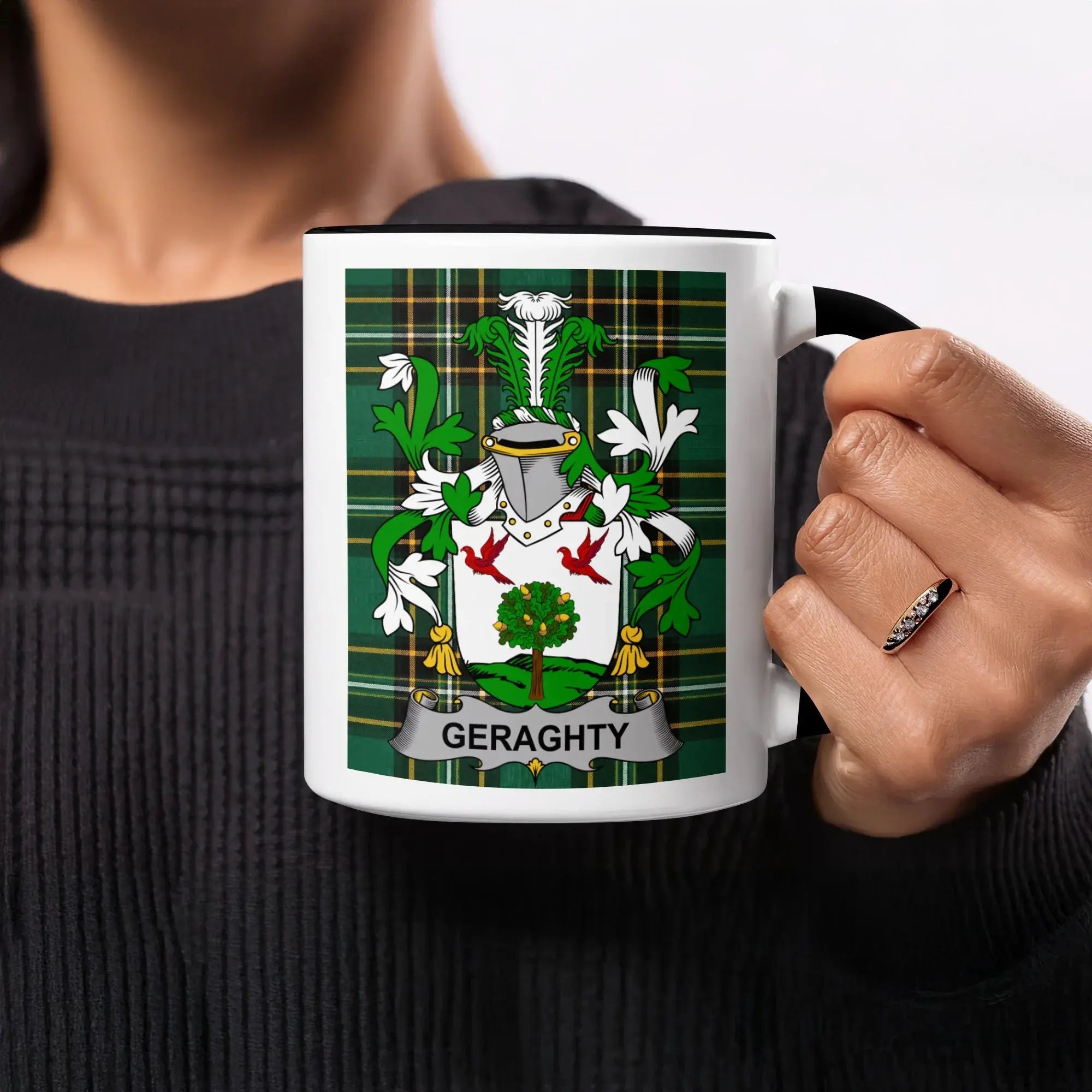 Mug with a tartan pattern and coat of arms for the surname Geraghty.
