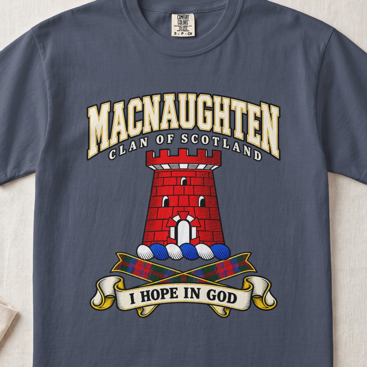 MacNaughten Scottish clan graphic T-shirt in Midnight, front view