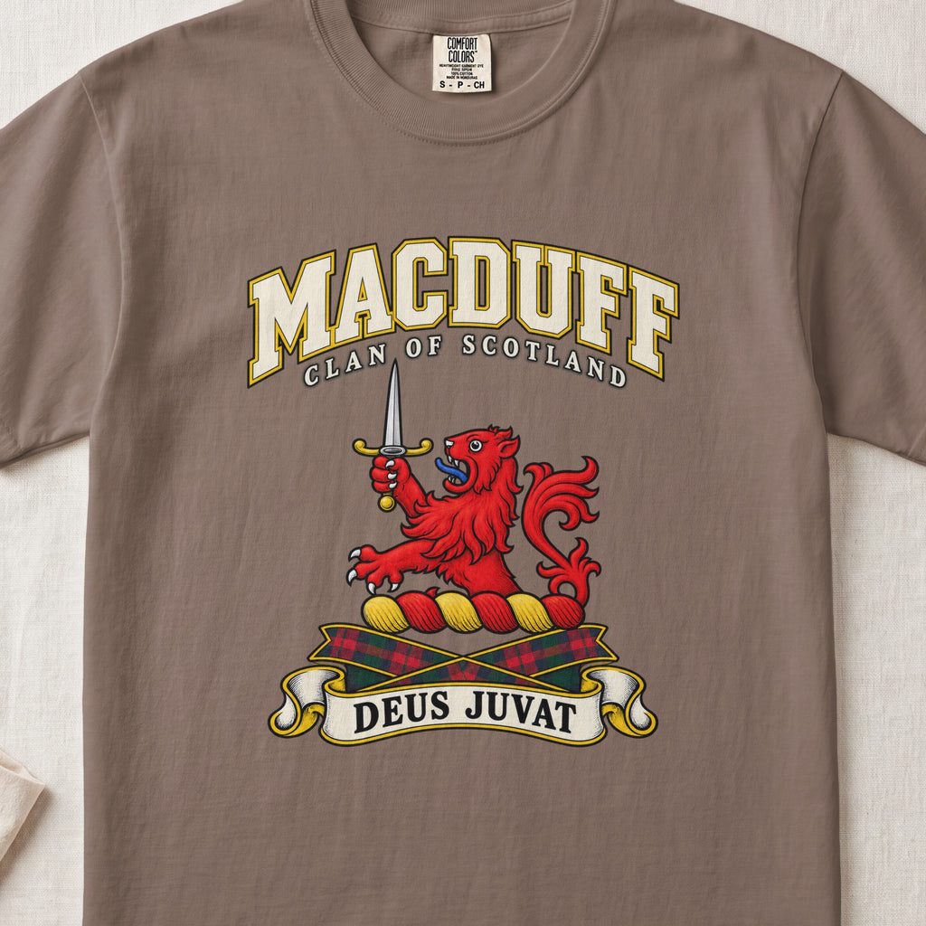 MacDuff Scottish clan T-shirt in Espresso, front view with a red lion holding an upright dagger and motto design.