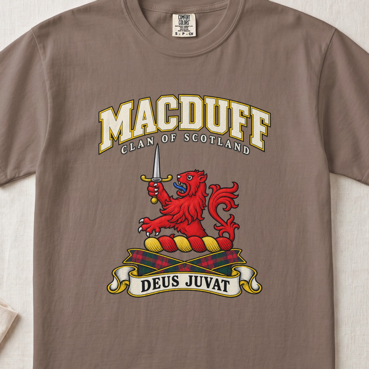 MacDuff Scottish clan T-shirt in Espresso, front view with a red lion holding an upright dagger and motto design.
