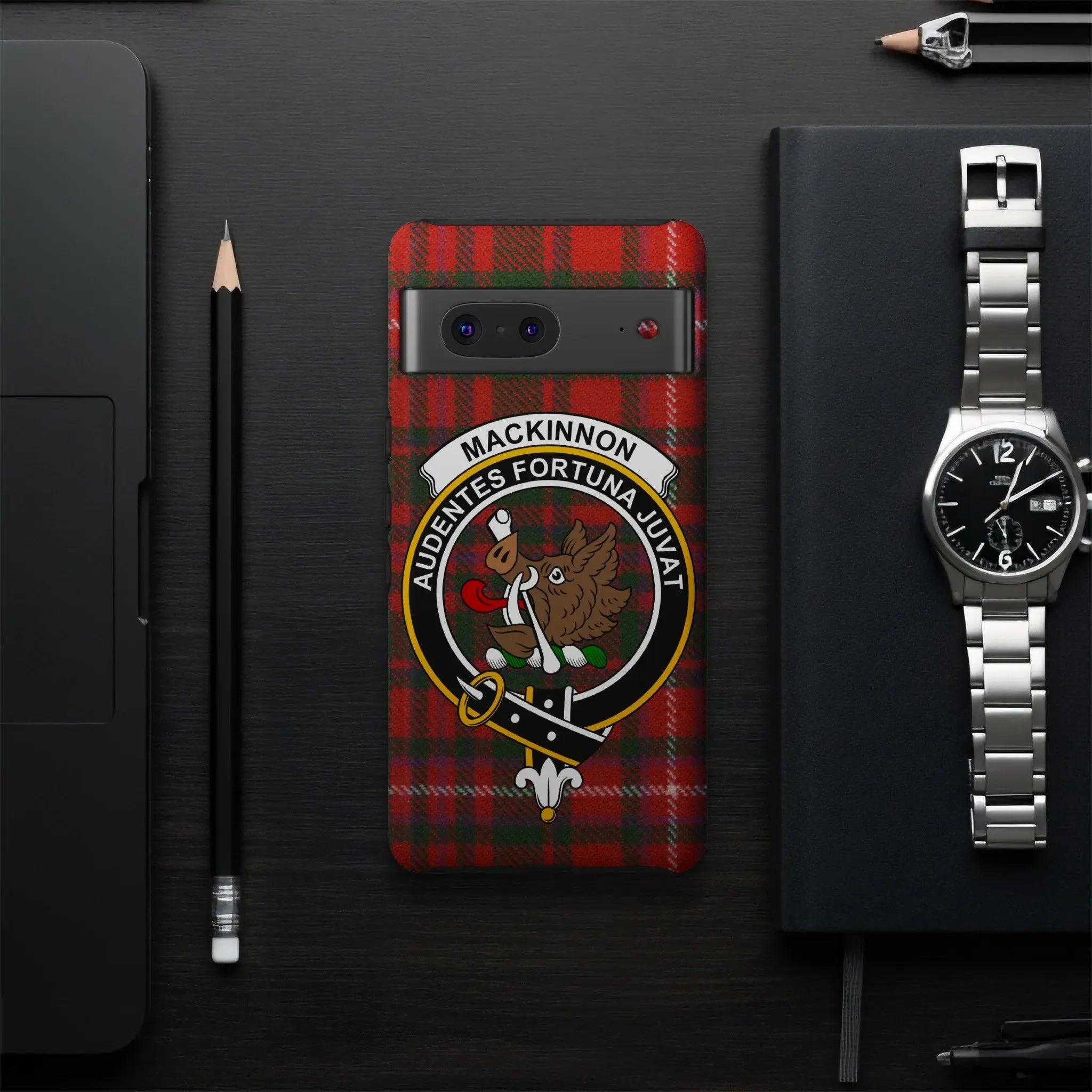 MacKinnon clan crest tartan phone case — slim glossy UV-resistant Fortune Favours the Bold wrap