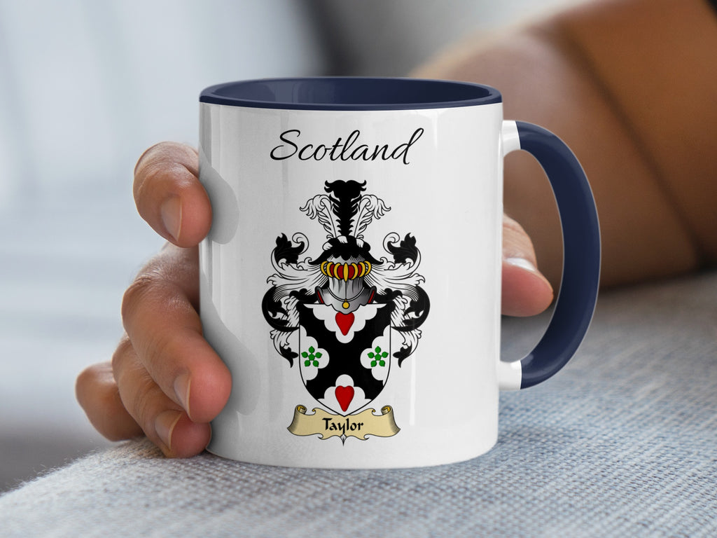 Navy accent 11 oz mug with Taylor family shield and Scotland text