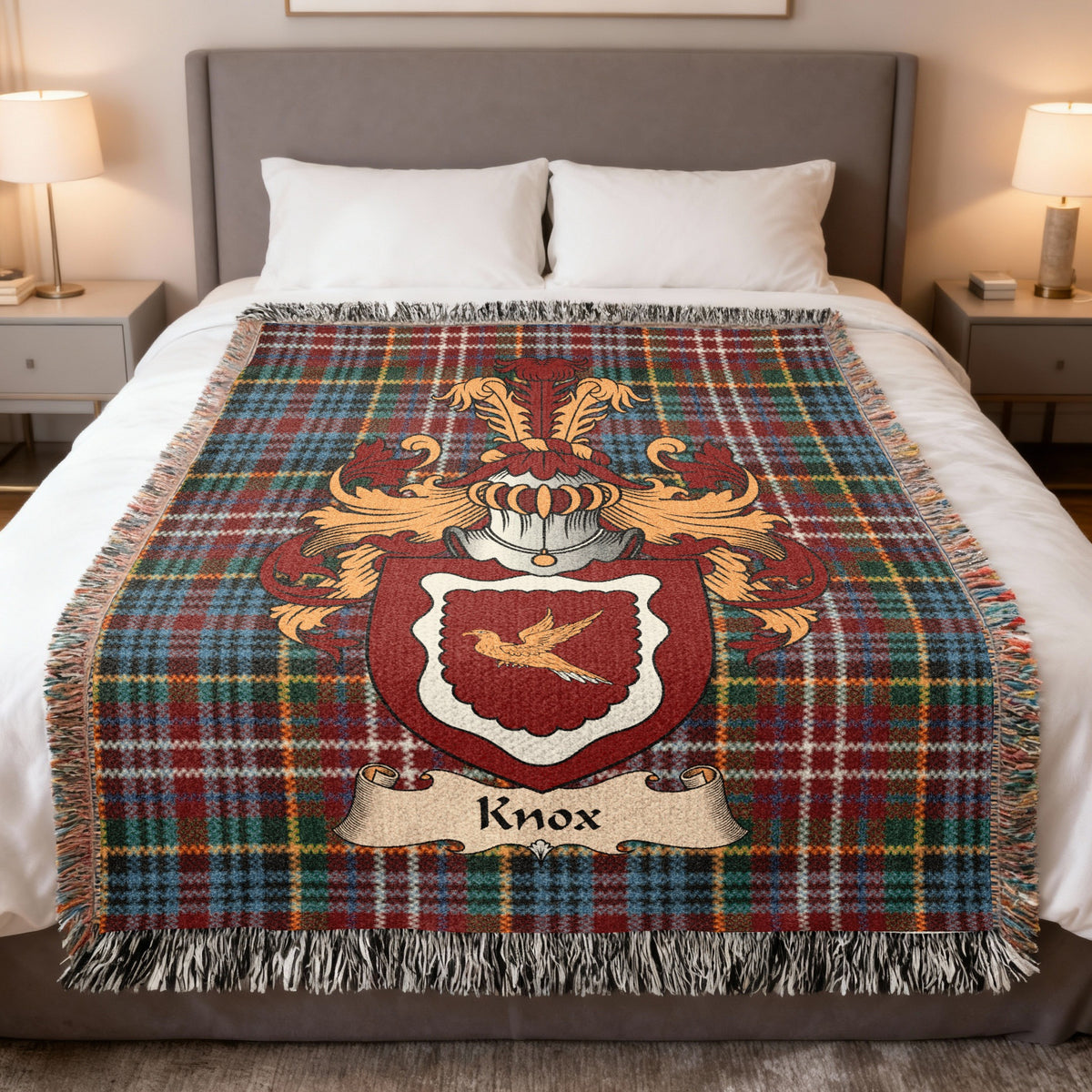Knox Caledonia tartan heritage woven throw blanket with family shield