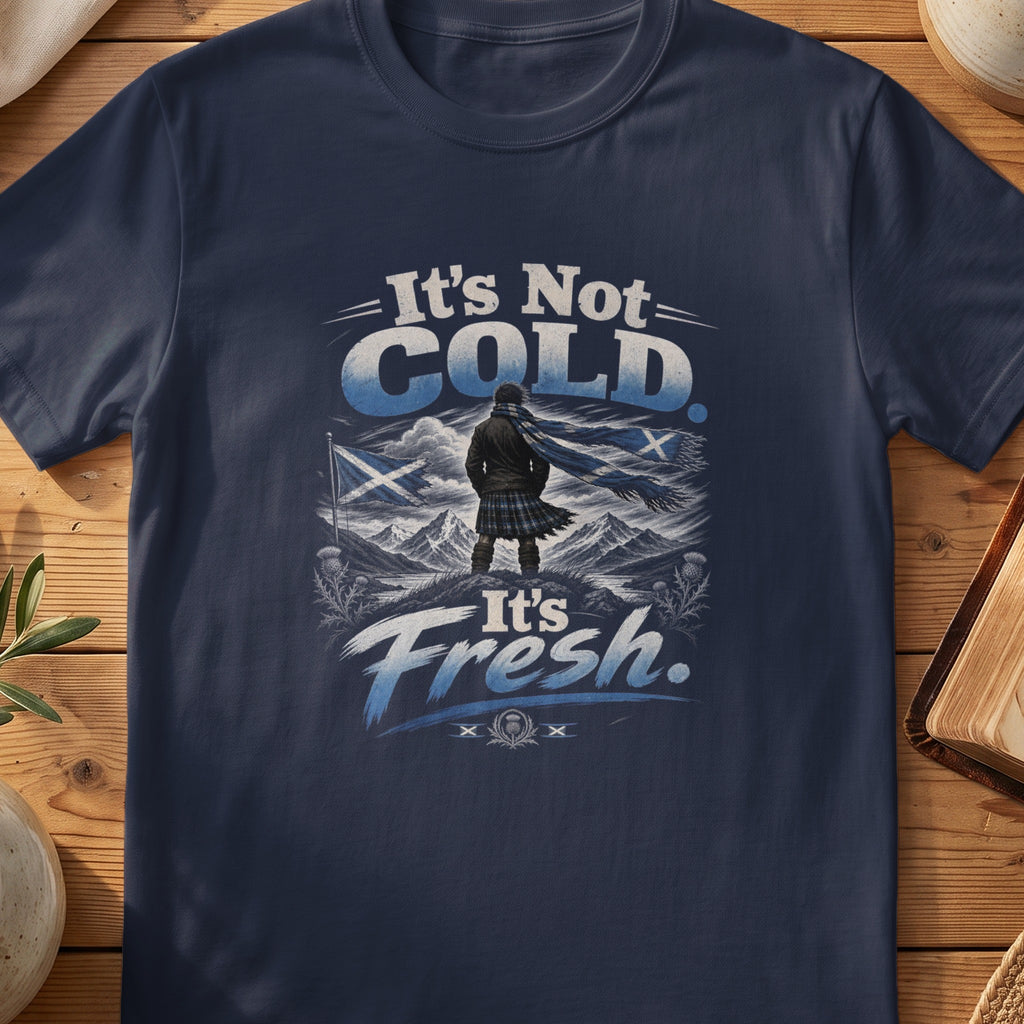 Navy Gildan 64000 unisex T-shirt flatlay with It's Not Cold It's Fresh Scottish graphic design