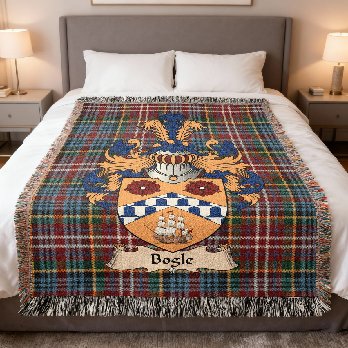 Bogle family crest emblem on a Caledonia tartan woven blanket