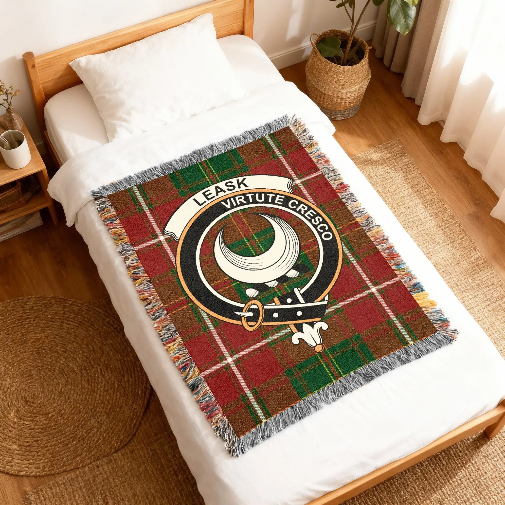 Leask Virtute Cresco tartan blanket