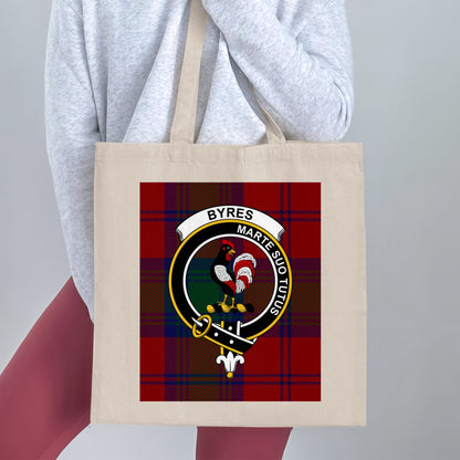 Byres Clan Crest on Tartan Background Tote Bag - Living Stone Gifts