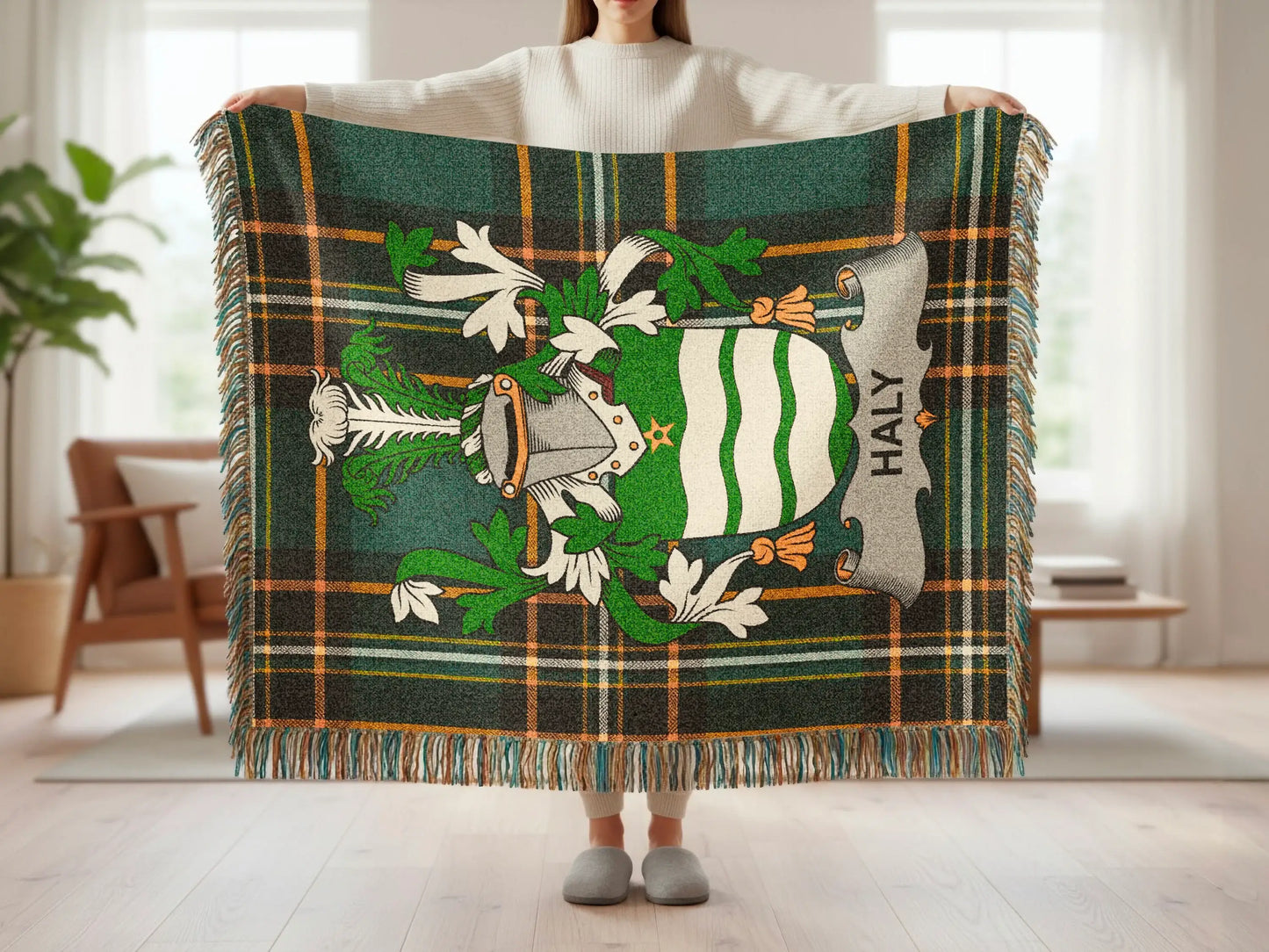 Tartan blanket featuring Haly crest and name.