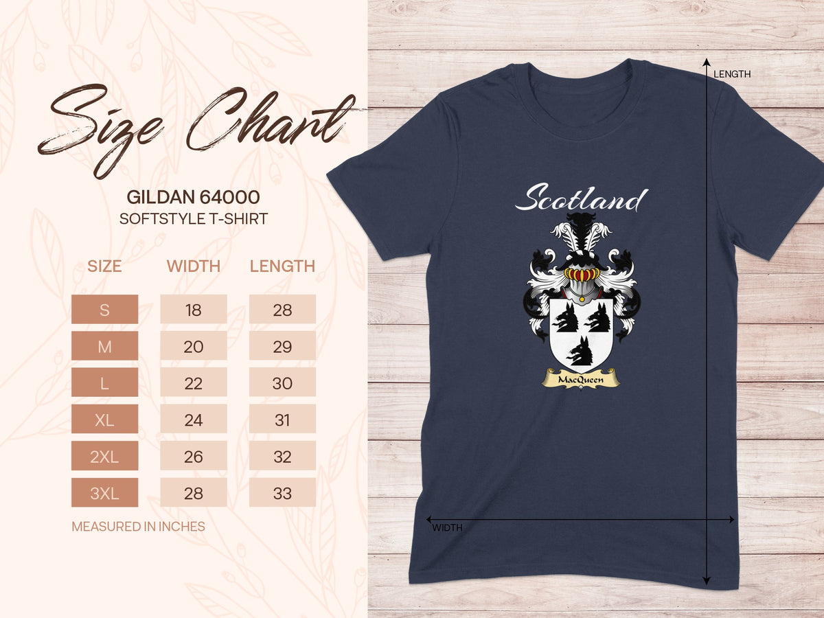 Gildan 64000 size chart for the MacQueen unisex T-shirt, sizes S to 3XL