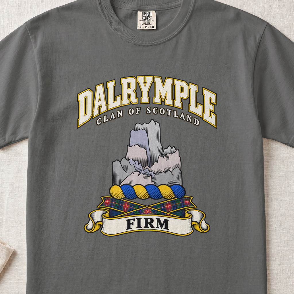 Dalrymple Scottish clan T-shirt in Pepper, front view with a gray rock formation and motto design.