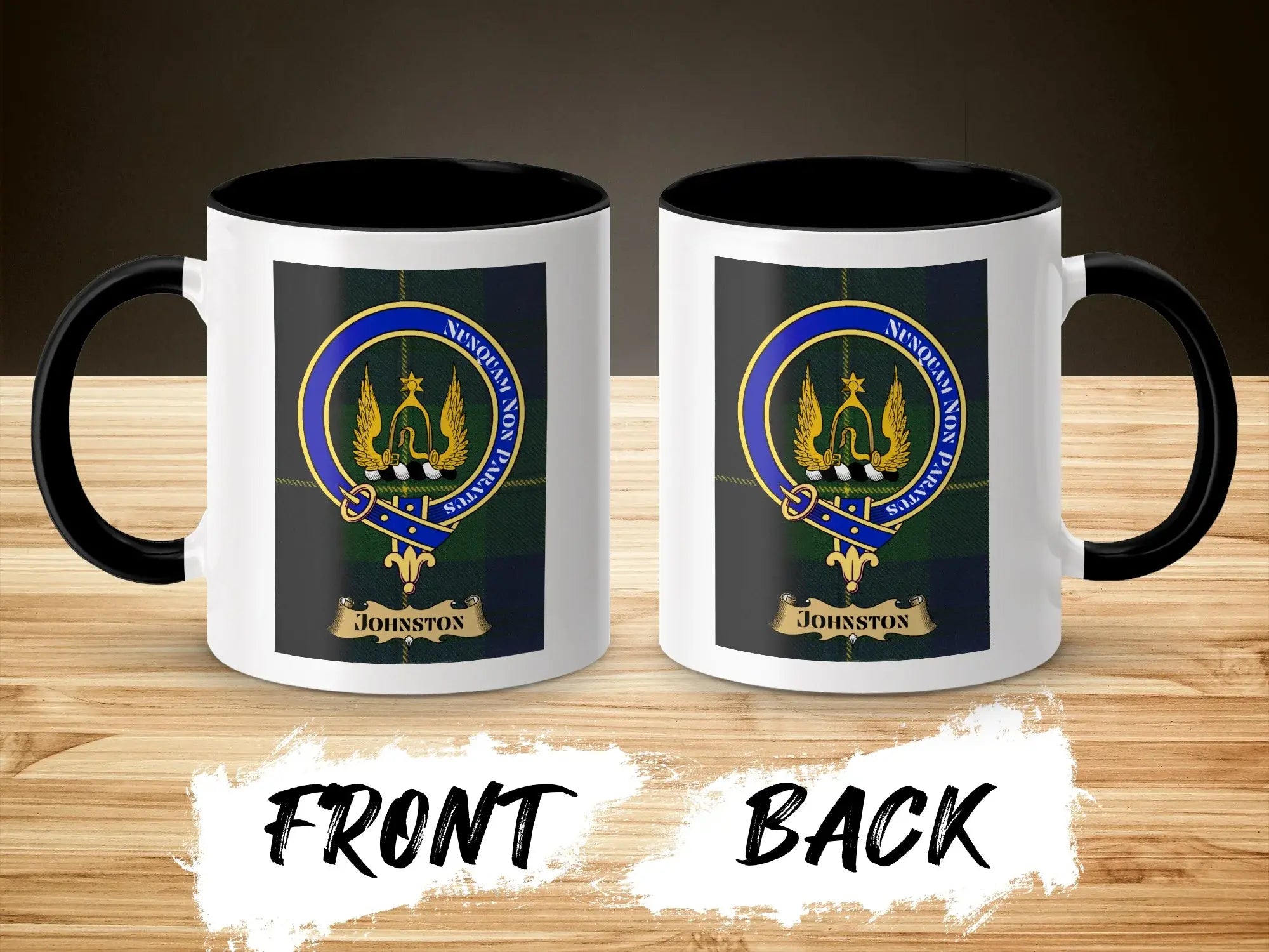 Johnston clan crest tartan mug front and back views — Nunquam Non Paratus on 11oz ceramic