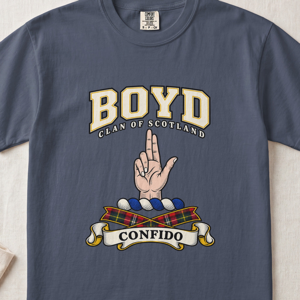 Boyd Scottish clan graphic T-shirt in Midnight, front view