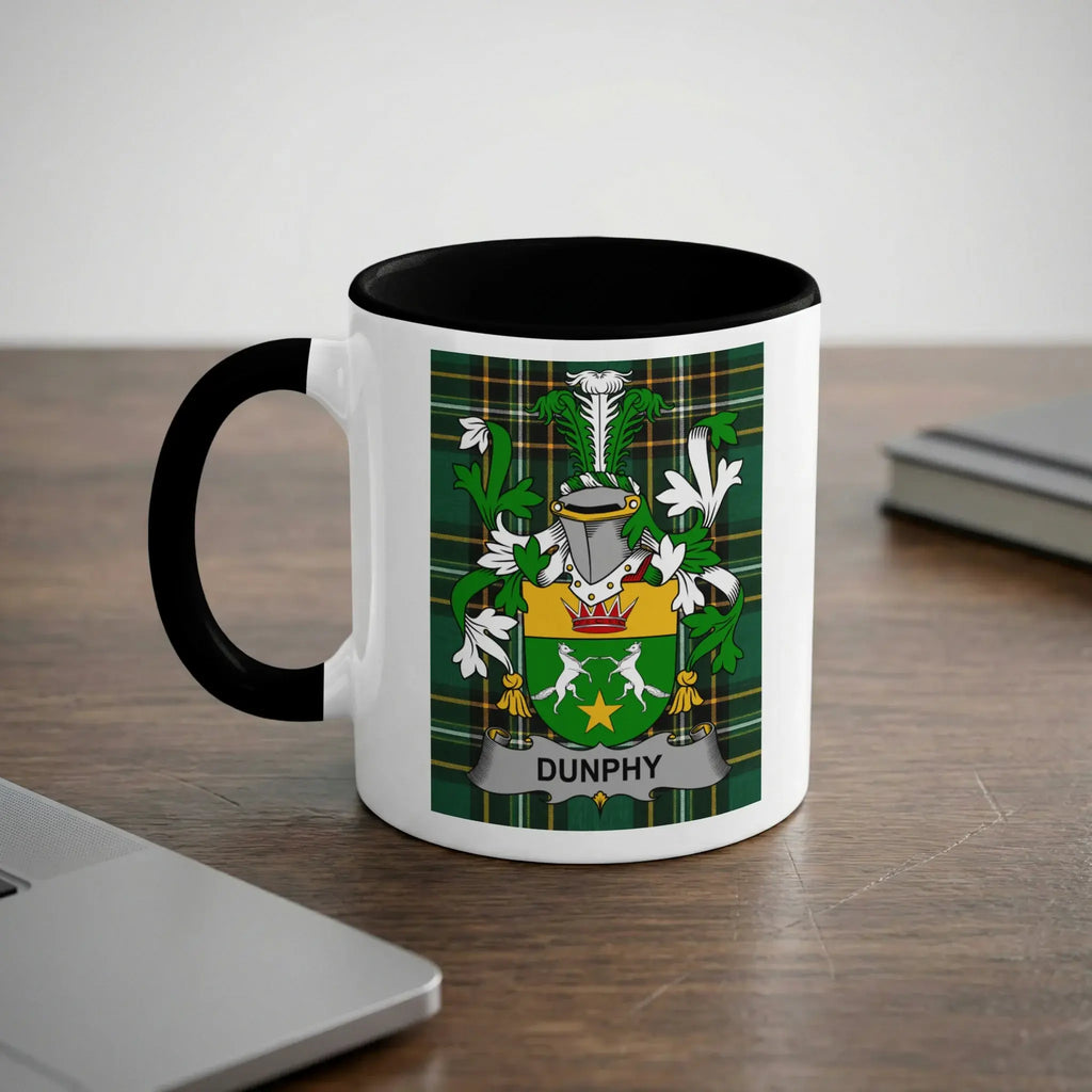 White mug with black handle displaying Dunphy family crest with text.