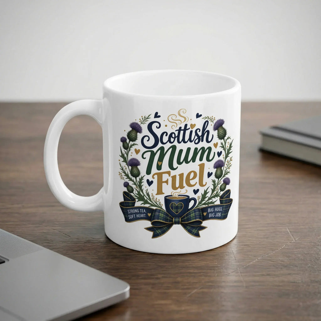 White mug with "Scottish Mum Fuel" design, tea, and hearts.