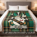 Bland Irish family crest woven blanket with Irish tartan design and fringed edges
